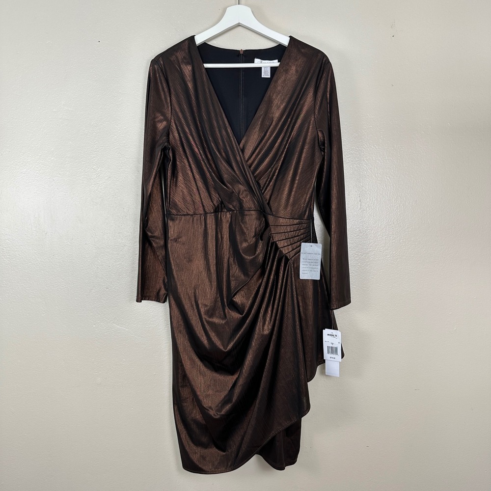 London Times Women's 14 Sheath Dress Copper Metallic Long Sleeve NEW